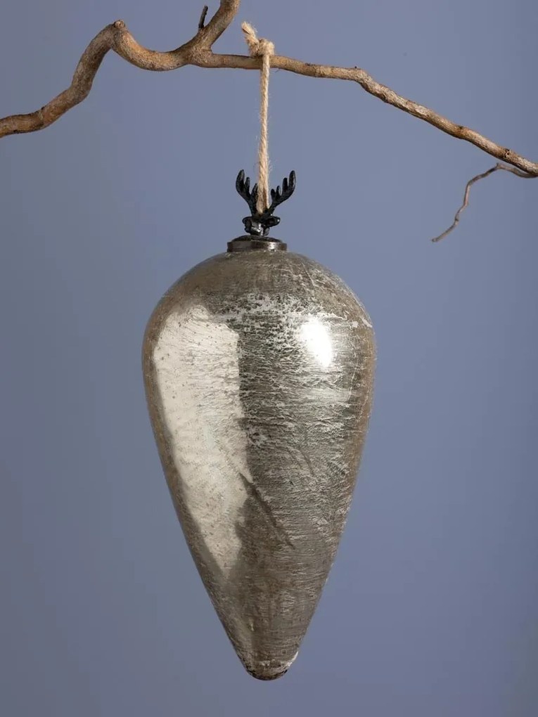 Glob decorativ din sticlă și metal, argintiu, formă de picătură, cap de cerb cu coarne ramificate în vârf, finisaj patinat, 35 x 16 cm, „Cerf”