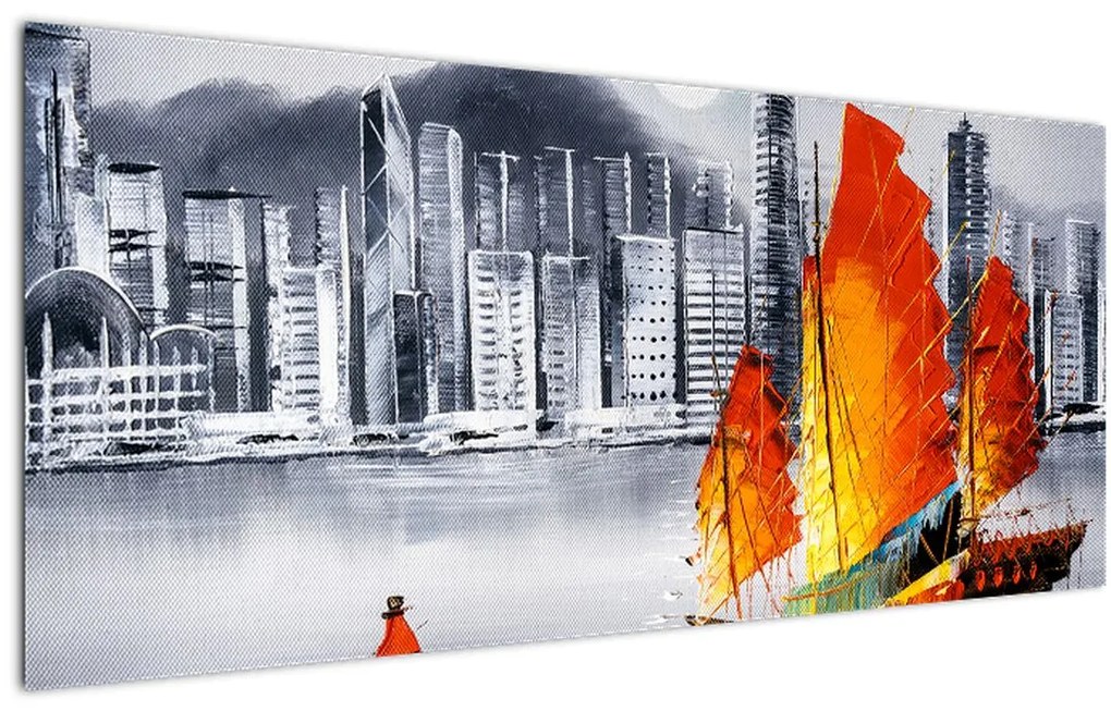 Tablou - Victoria Harbour, Hong Kong, pictură în ulei alb- negru (120x50 cm)