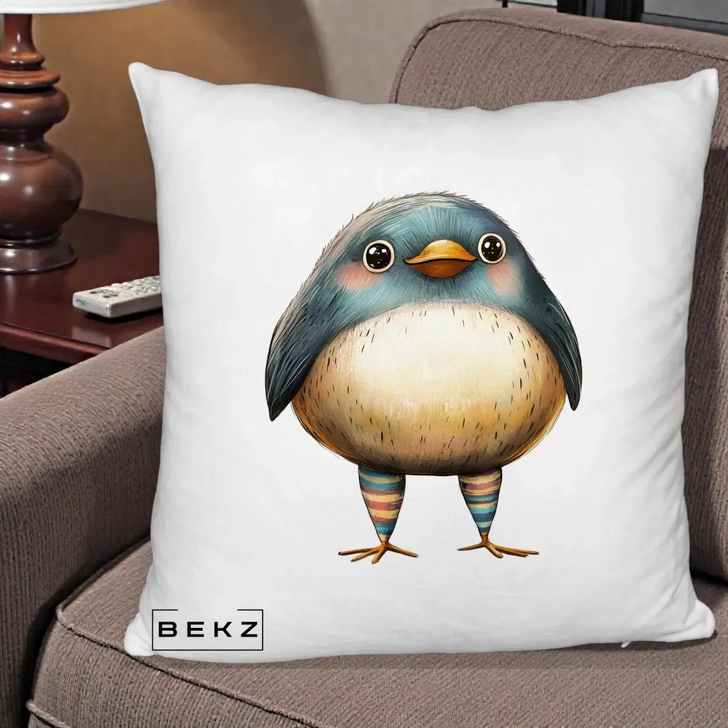Perna Decorativa Pasare Teal-Bej cu Sosete Curcubeu, 40x40 cm, Alb Pufos, Husa Detasabila, Perna Inclusa, BEKZ®