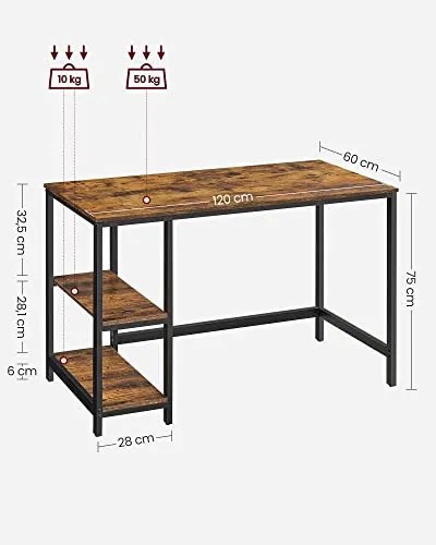Birou de Studiu cu 2 Rafturi, PAL Melaminat, Maro / Negru, Vasagle, LWD47X