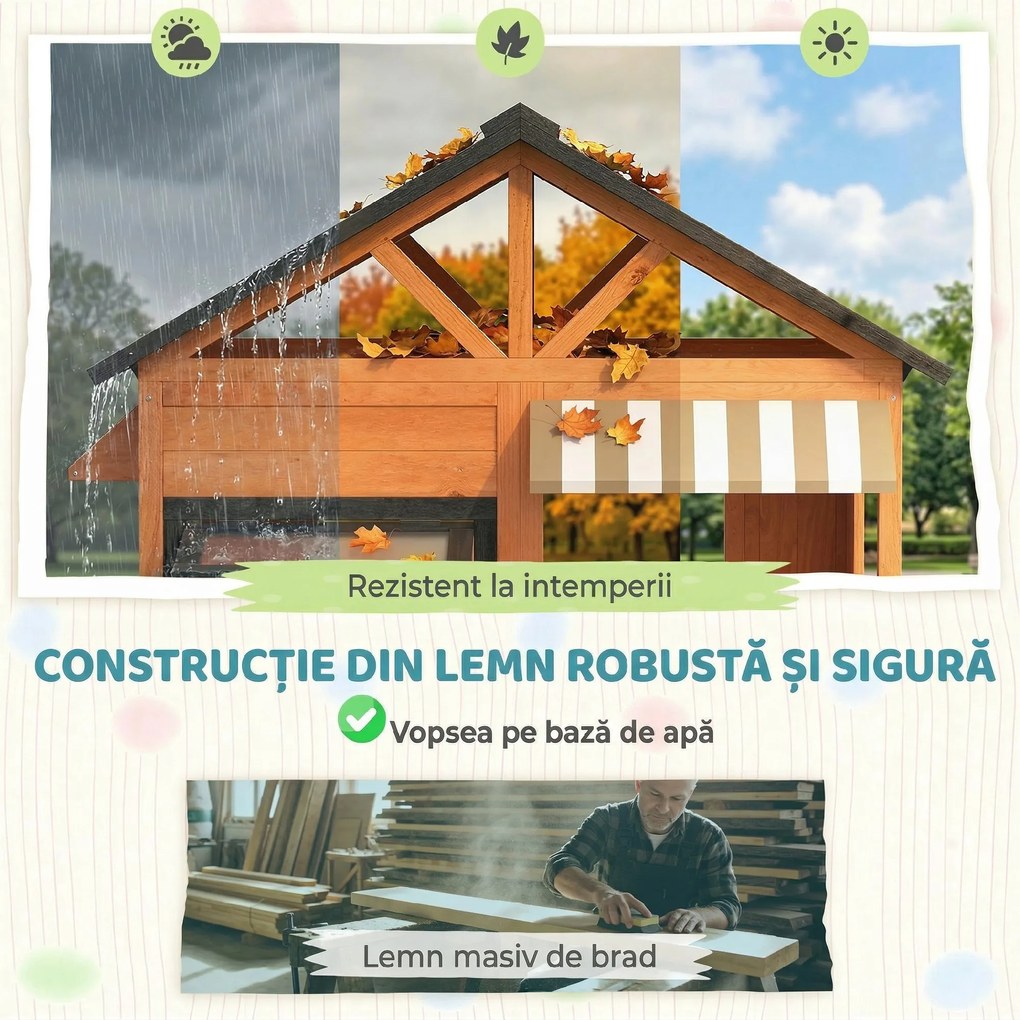AIYAPLAY Căsuță de Grădină pentru Copii din Lemn de Brad, Căsuță pentru Exterior cu Bucătărie, 4 Ferestre, Ușă Parțială, Bancă, Raft și Acoperiș, pentru Copii 3-8 Ani, 171.5x146x156 cm, Maro | Aosom Romania