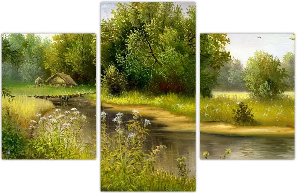 Tablou - Râu lângă pădure, pictură în ulei (90x60 cm)