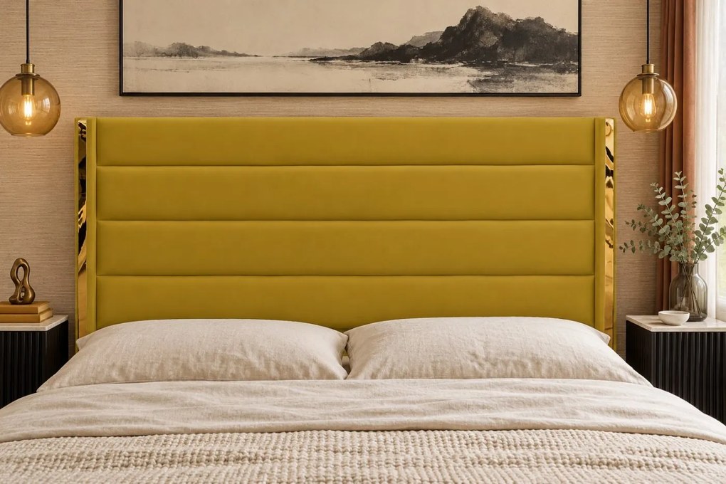 Pat tapițat din catifea Veyra 160×200 cm, galben muștar, detalii aurii, cu ladă de depozitare