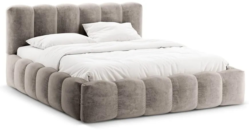 Pat matrimonial maro deschis tapițat cu spațiu de depozitare cu somieră 180x200 cm Lupine – Micadoni Home