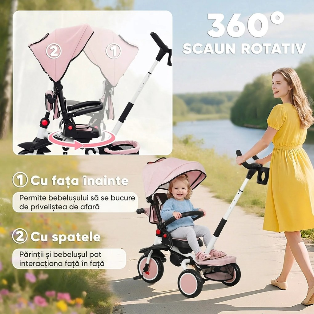 AIYAPLAY Tricicletă 6 în 1 pentru Copii, cu Mâner Parental și Scaun Rotativ, 111,5x52x98 cm, Roz | Aosom Romania