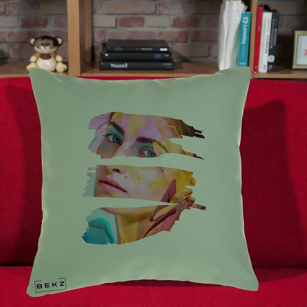 Perna Decorativa Portret Femeie Fragmentat Colorat, 40x40 cm, Verde, Husa Detasabila, Perna Inclusa, BEKZ®