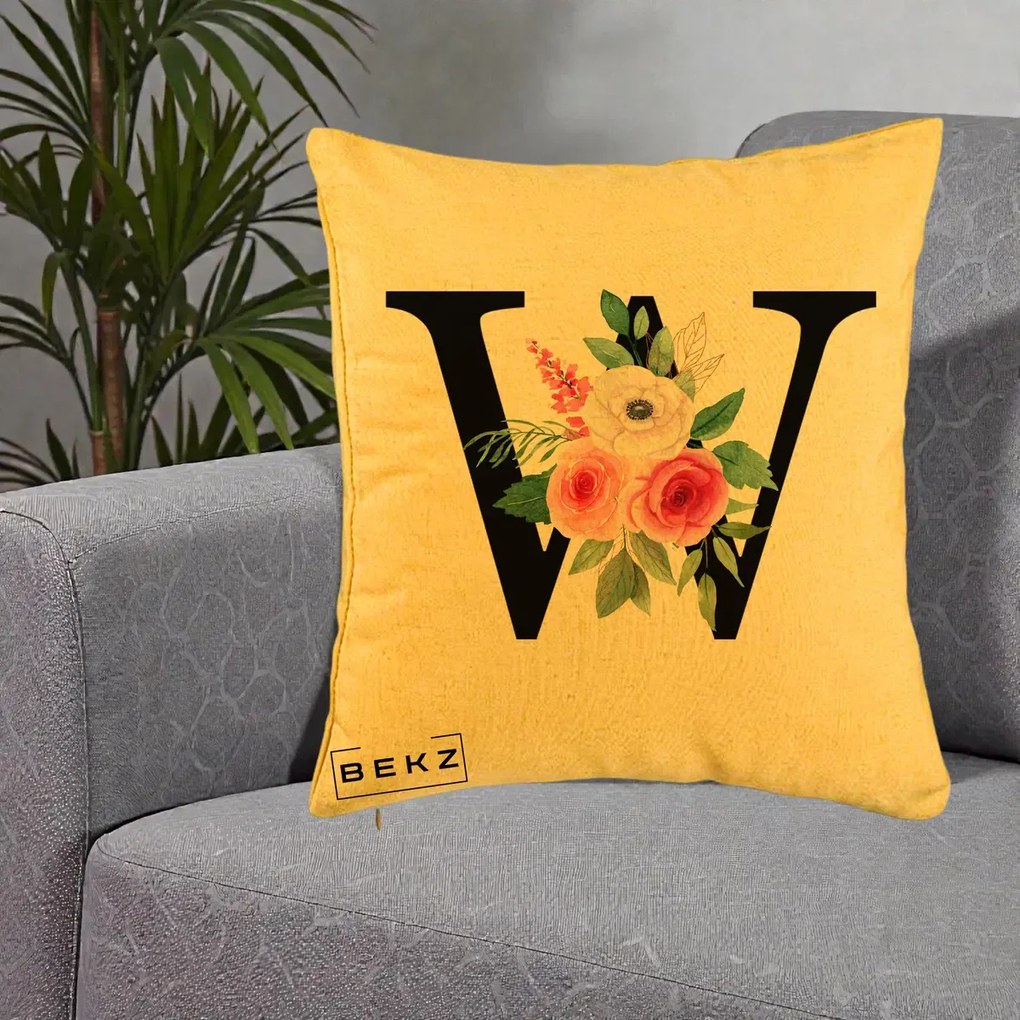Cadou Personalizat - Perna Personalizata Monograma Florala Litera W cu Trandafiri si Anemona, 40x40 cm, Galben, Husa Detasabila, Perna Inclusa, BEKZ®