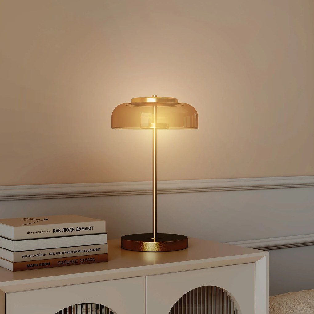 HOMCOM Lampă de masă Lampă cu lumină LED caldă, bază metalică, abajur din sticlă chihlimbar, Ø23 x 40H cm, Auriu | Aosom Romania