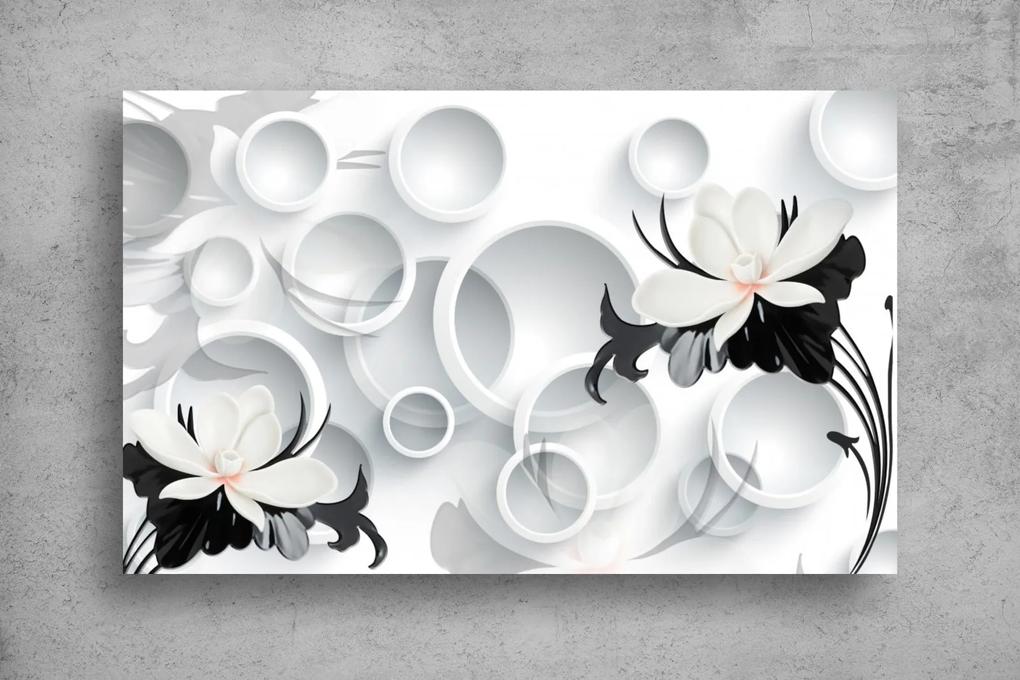 Tapet Premium Canvas - Florile alb-negre si cercurile 3d abstract