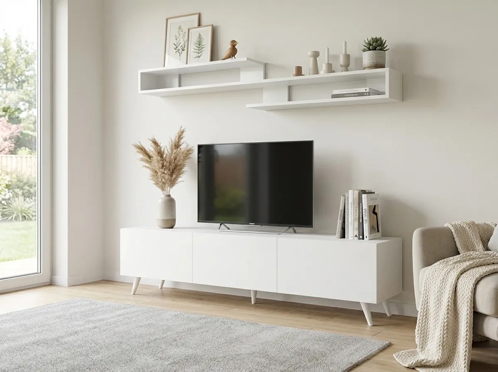 OFERTA Comoda TV MIYA 150 cm cu polita de perete, alb II. calitate