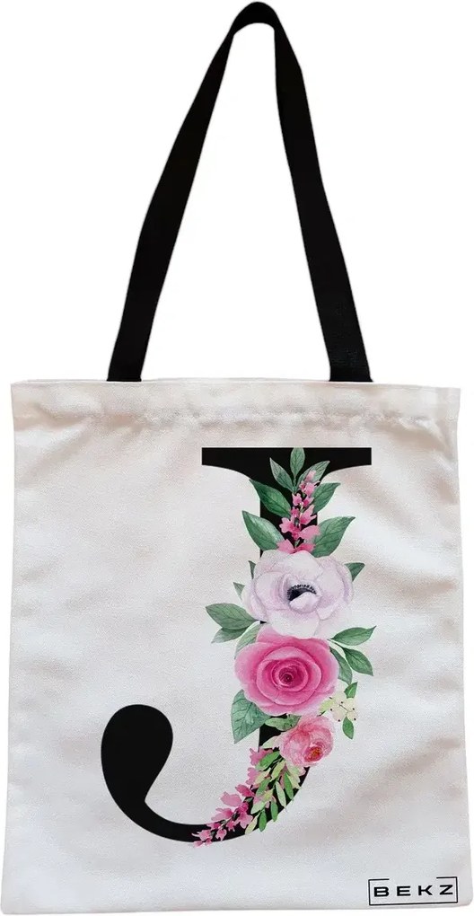 Sacosa de Panza pentru Cumparaturi, Geanta Tote, Cu litera J si Trandafiri, Cu fermoar, 38x34.5 cm, Alba, BEKZ®