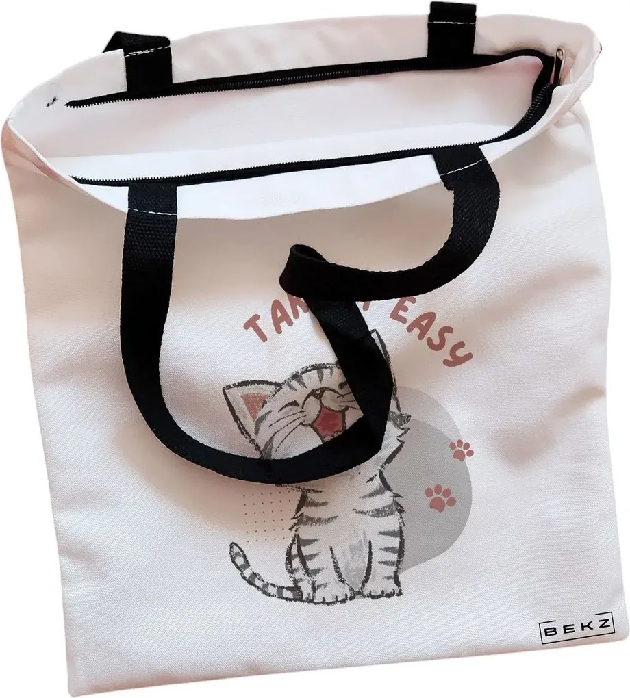 Sacosa de Panza pentru Cumparaturi, Geanta Tote, model Take it Easy, Cu fermoar, 38x34.5 cm, Alba, BEKZ®