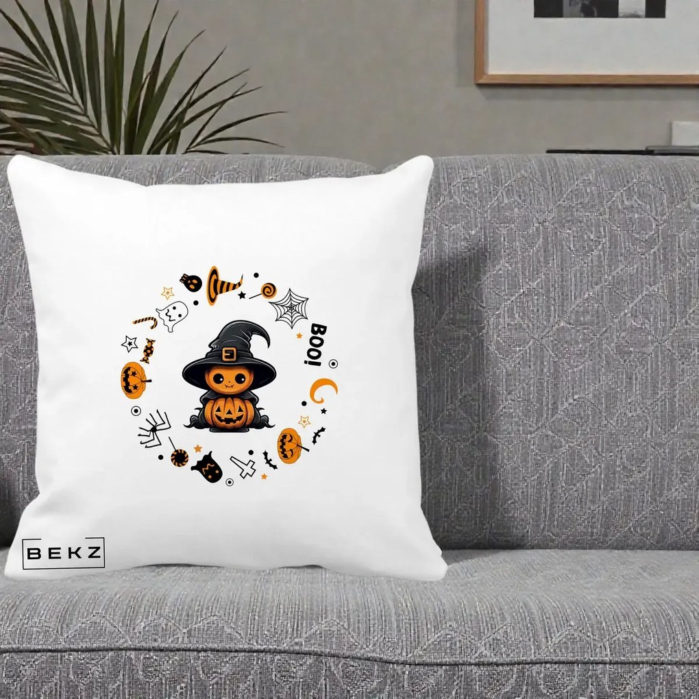 Perna Decorativa Halloween Dovleac Vrajitor Boo cu Simboluri, 40x40 cm, Alba Mata, Husa Detasabila, Perna Inclusa, BEKZ®