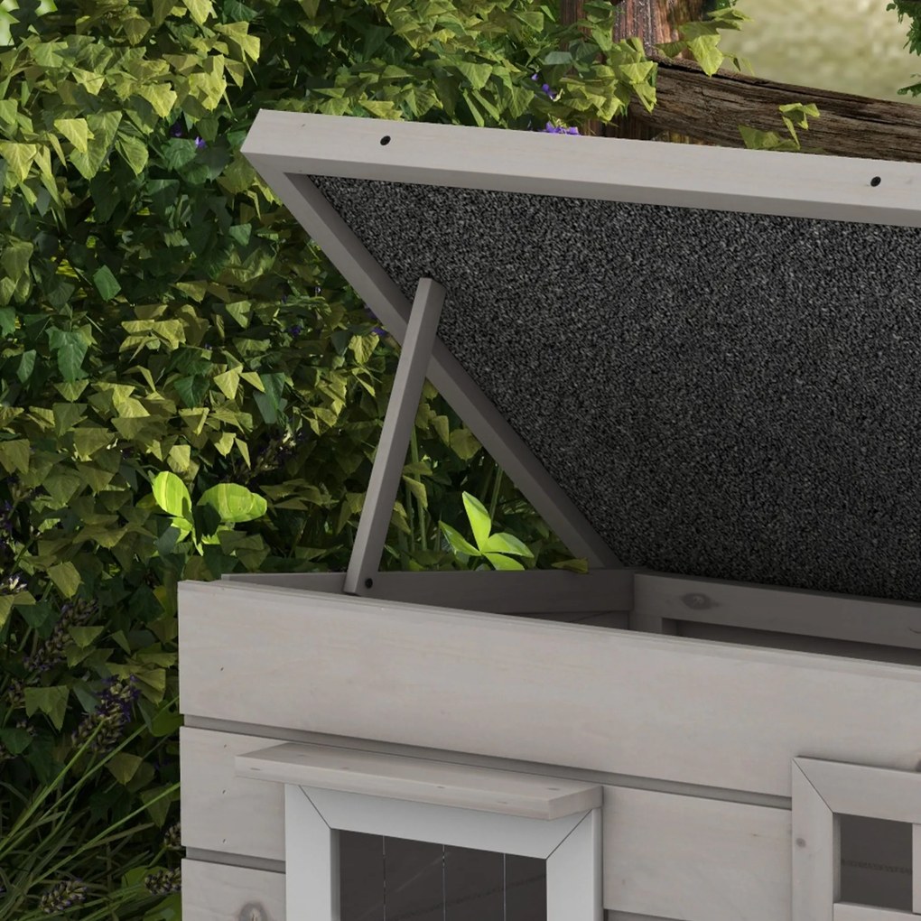 Casa din lemn pentru pisici Pawhut, Canisa de adapost ridicata pentru pisici, Casuta de joaca pentru animale de companie, cu acoperis de asfalt, Cortina din PVC, Fereastra, 87 x 52 x 48 cm, Gri | Aosom Romania