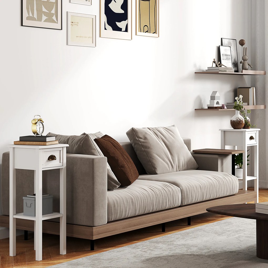 HOMCOM Set de 2 măsuțe laterale Masă de noptieră stil sofisticat cu sertar, etajeră inferioară, 30 x 30 x 75 cm, alb | Aosom Romania