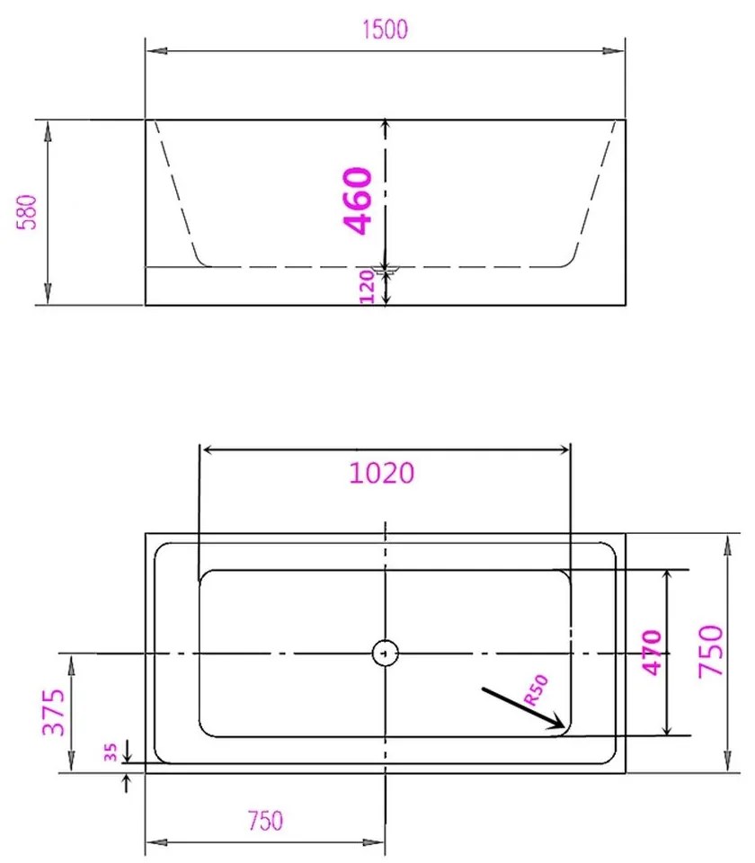 Cada baie freestanding dreptunghiulara cu preaplin 150 x 75 cm Florida, Quadro New 1500x750 mm