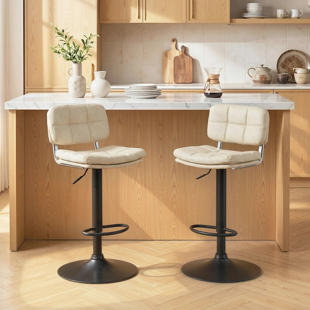 HOMCOM Set de 2 scaune de bar vintage capitonate - rotative, reglabile - suport pentru picioare - tapițerie sintetică cremă | Aosom Romania