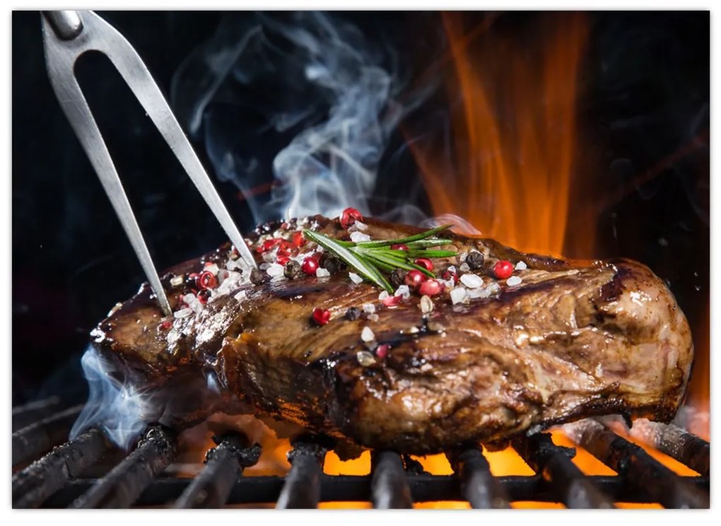 Tablou pe sticlă cu steac pe grill (70x50 cm)