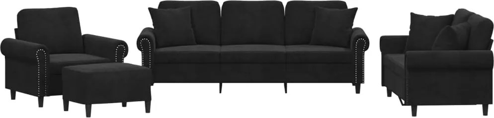 vidaXL Set de canapele cu perne, 4 piese, negru, catifea