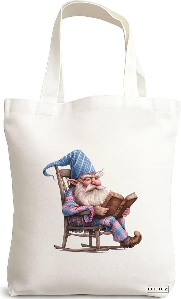 Sacosa de Panza pentru Cumparaturi, Geanta Tote, model The Bookish Gnome 5 38 x 34.5 cm, Alba, BEKZ®