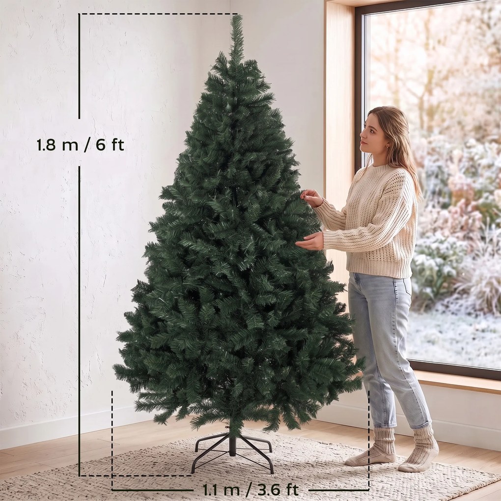 HOMCOM Brad de Crăciun Artificial, 180 cm, cu 820 de Crengi Ignifuge, Verde | Aosom Romania