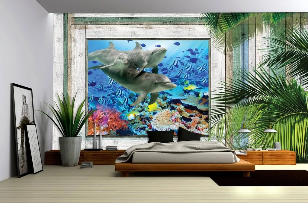 Fototapet - Delfinii și peștii sub mare (152,5x104 cm)