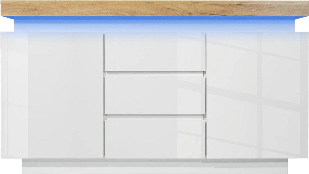 Comodă sideboard cu 2 uși și 3 sertare, iluminare LED, 140x39x81 cm, Alb
