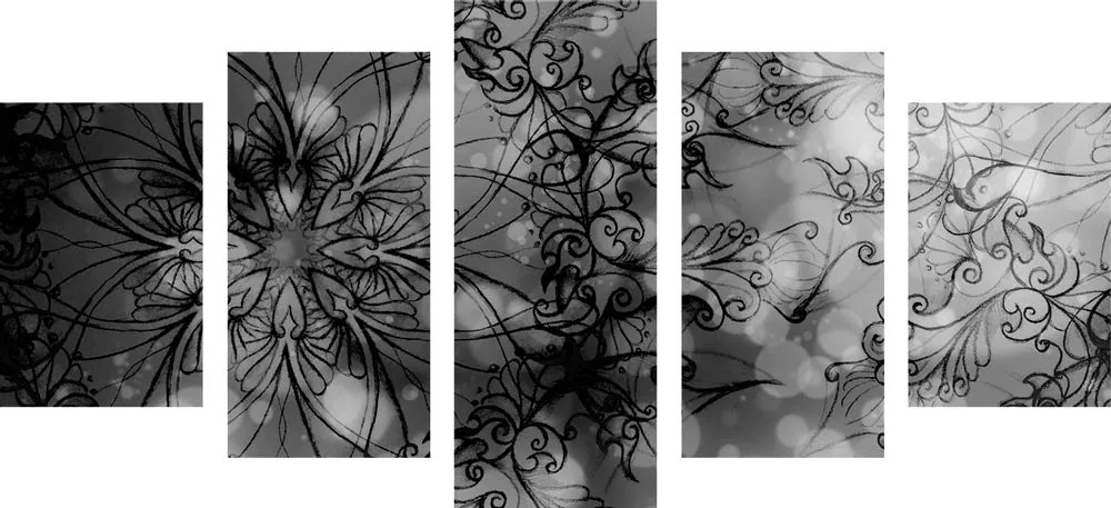 Tablou 5-piese Mandale florală în design alb-negru