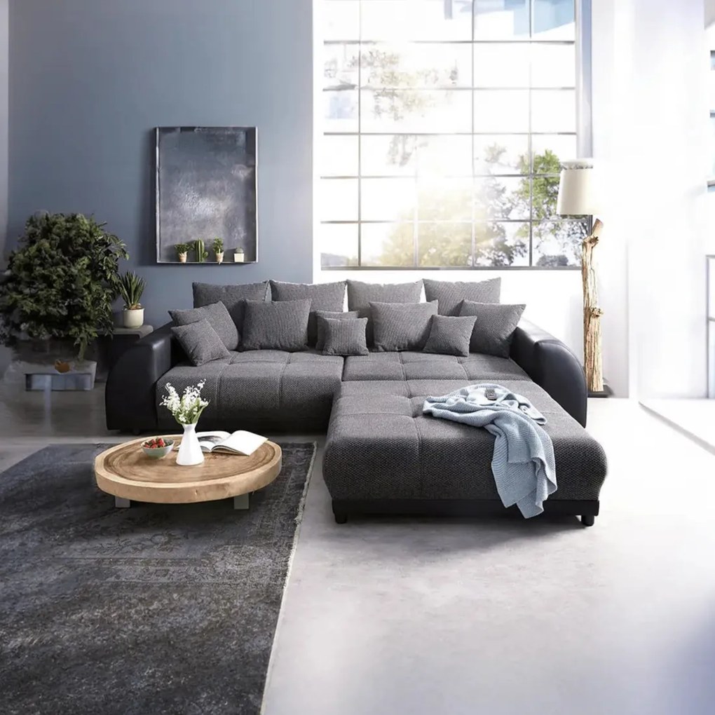 Canapea extensibilă dumonde cu 2 lăzi de depozitare si sezut confortabil din spuma high-density, Verona Magma Black 310x100 cm cu taburet inclus