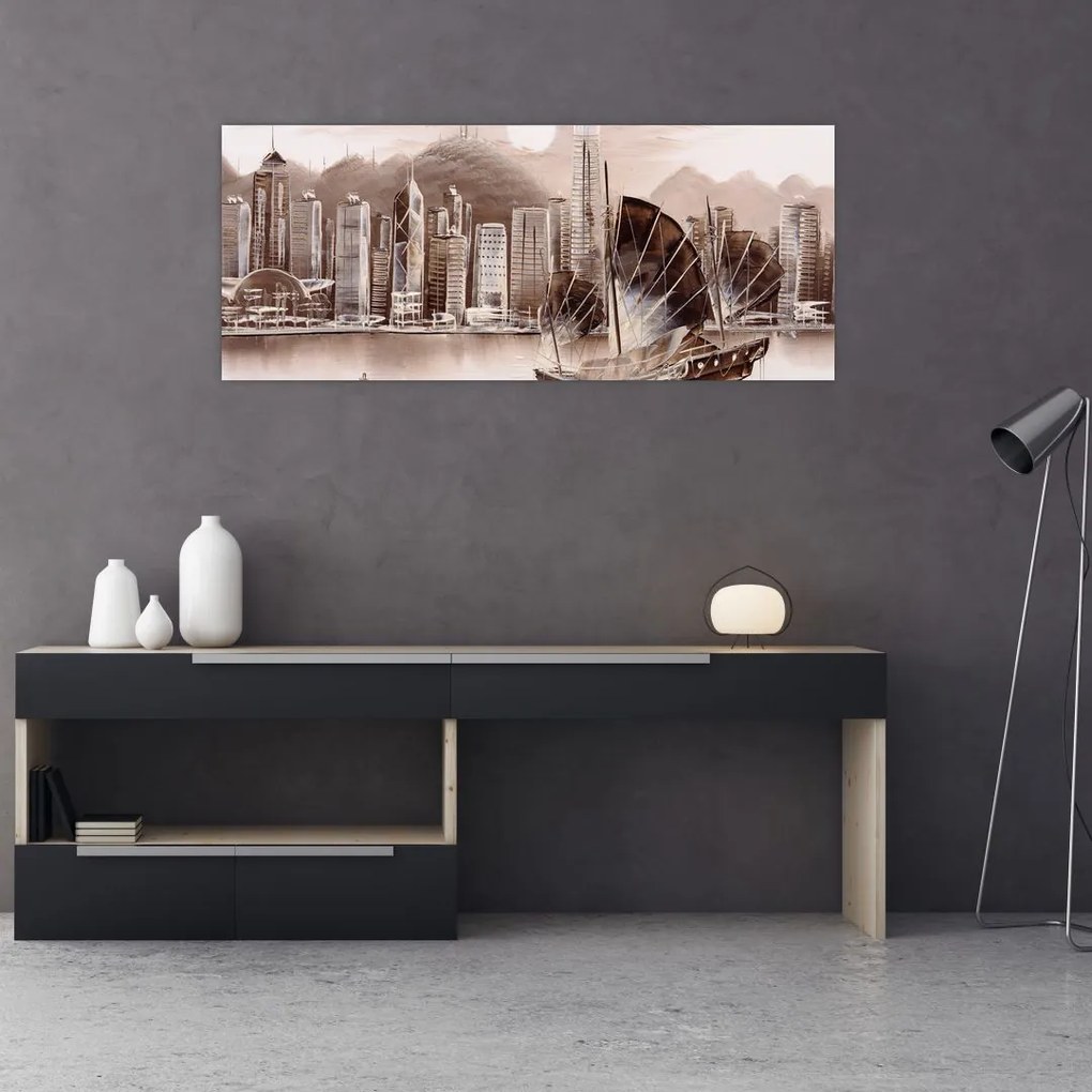 Tablou - Victoria Harbour, Hong Kong, efect sepia (120x50 cm)