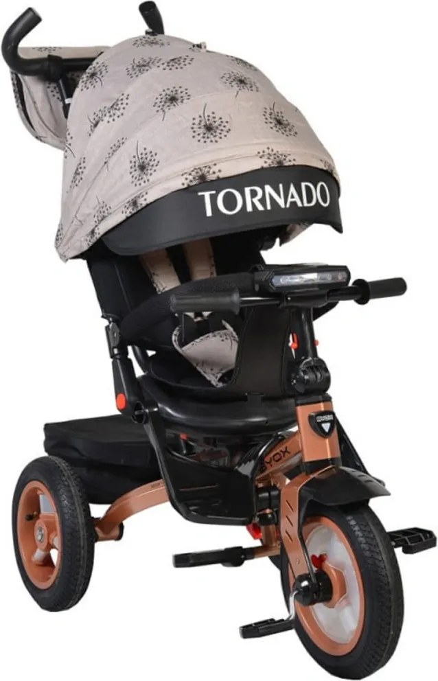 Tricicleta cu copertina Novokids™ Tornado , Cu melodii si lumini, Roti gomflabile din cauciuc, Pozitie somn, Scaun reversibil cu invartire 360 grade