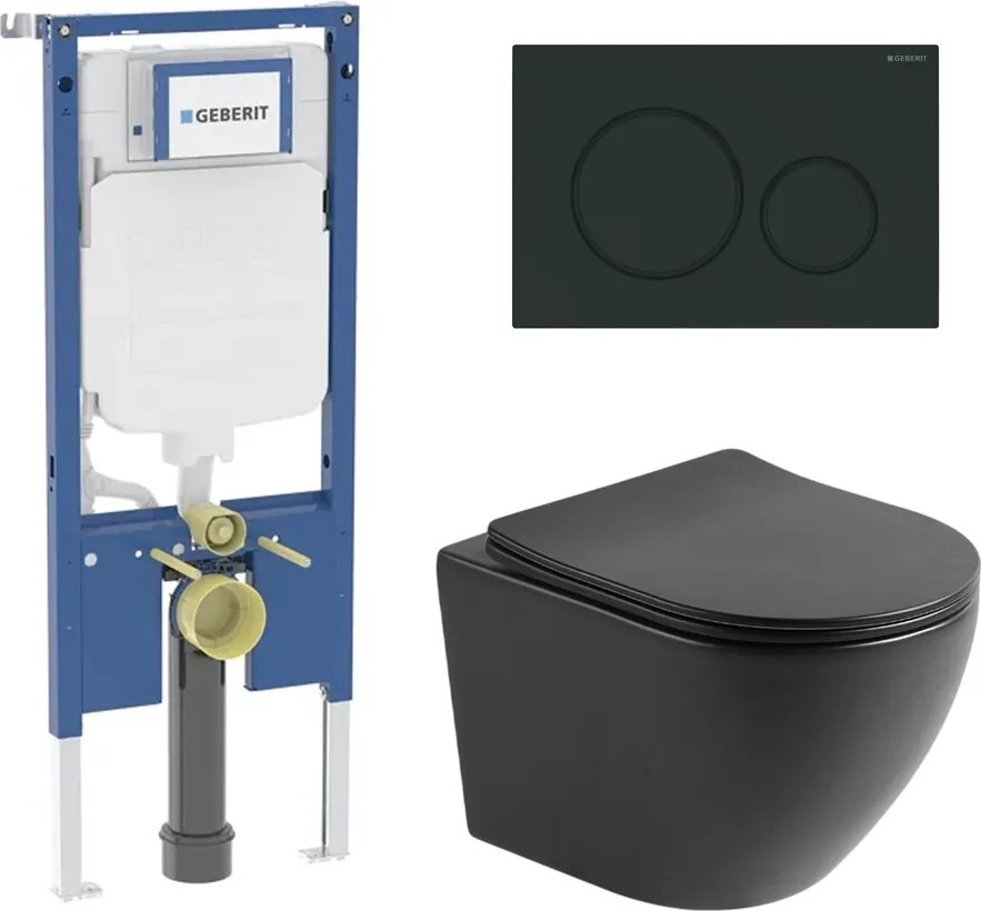 Set rezervor incastrat Geberit Duofix cu sistem de prindere, clapeta neagra Sigma20 plus vas WC suspendat Rune Ivaldi cu capac softclose