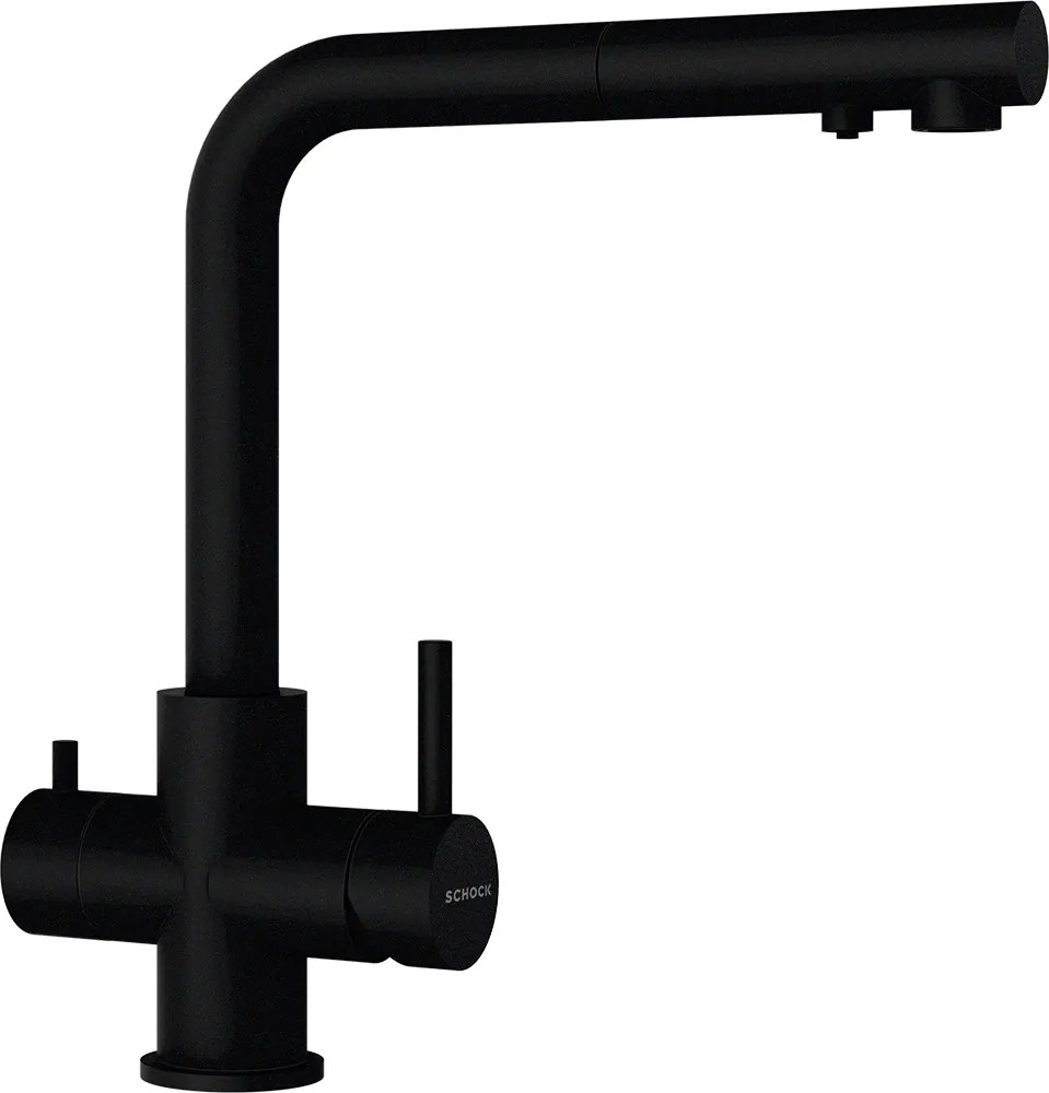 Baterie bucatarie Schock Vitus Cristadur Puro cu cap extractibil, 3 cai, aspect granit, cartus ceramic, negru intens