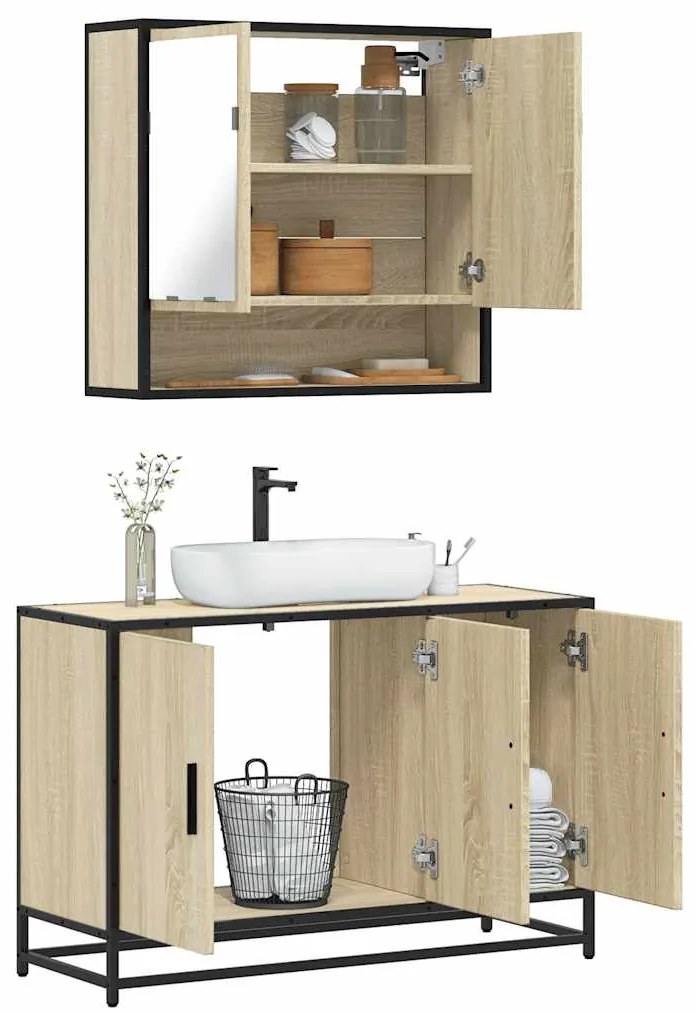 vidaXL Set mobilier de baie, 2 piese, stejar sonoma, lemn prelucrat