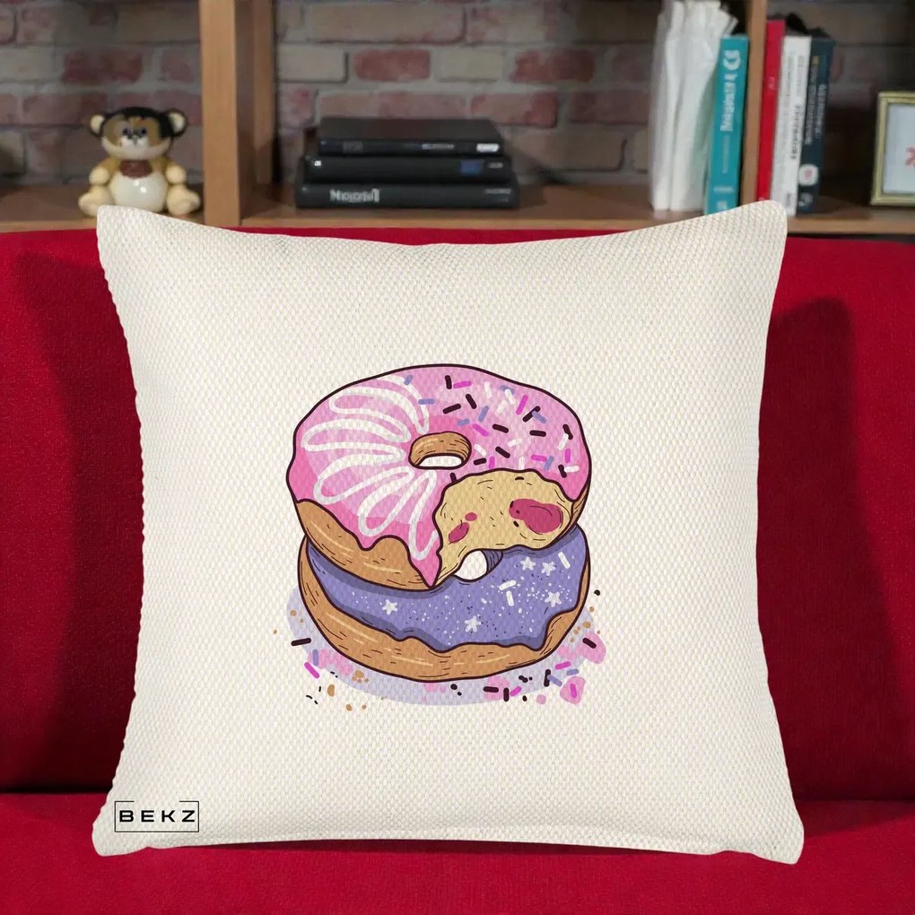 Perna Decorativa Donuts Roz si Mov, 40x40 cm, Crem Reliefat, Husa Detasabila, Perna Inclusa, BEKZ®