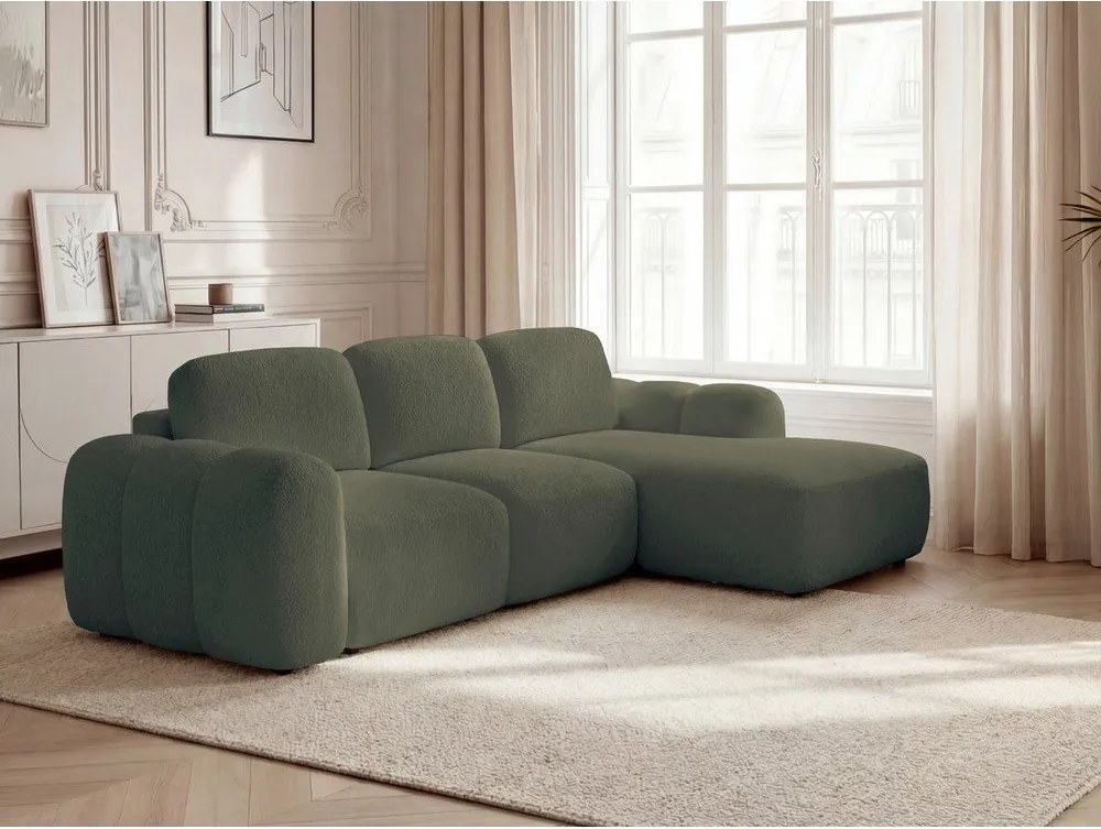 Colțar verde extensibil/cu spațiu de depozitare cu tapițerie din țesătură bouclé (cu colț pe partea dreaptă/cu șezlong) Montaigne – Bobochic Paris