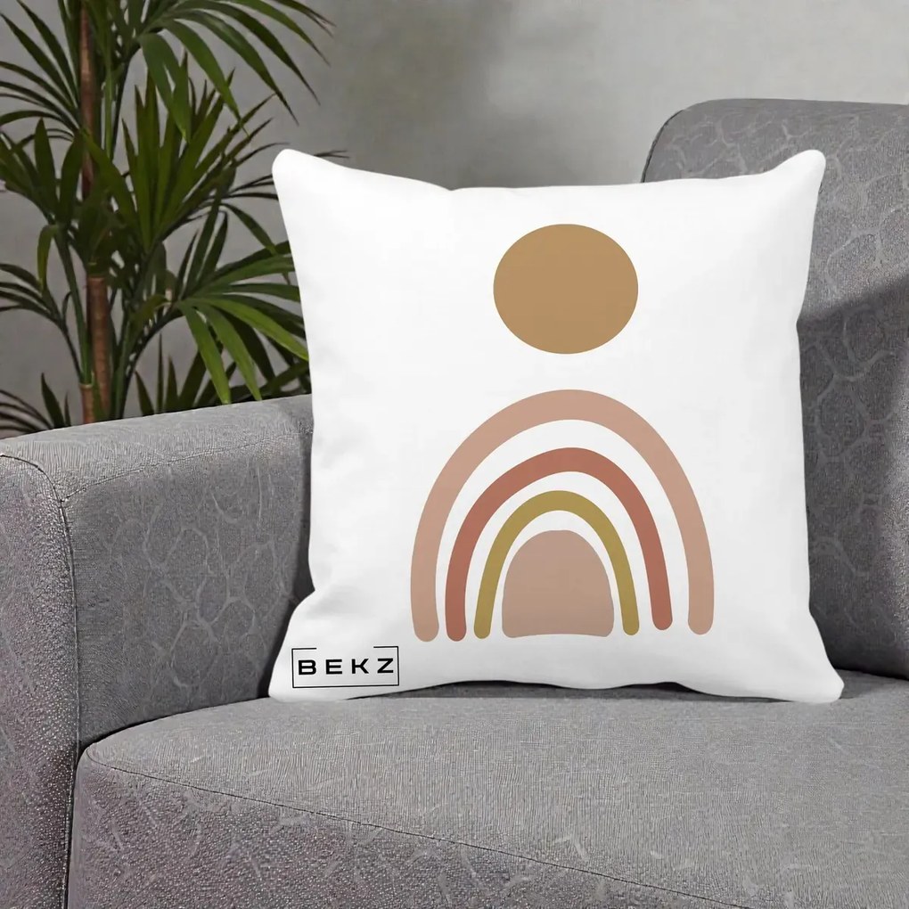 Perna Decorativa Boho Rainbow Sun, 40x40 cm, Alba Mata, Husa Detasabila, Perna Inclusa, BEKZ®