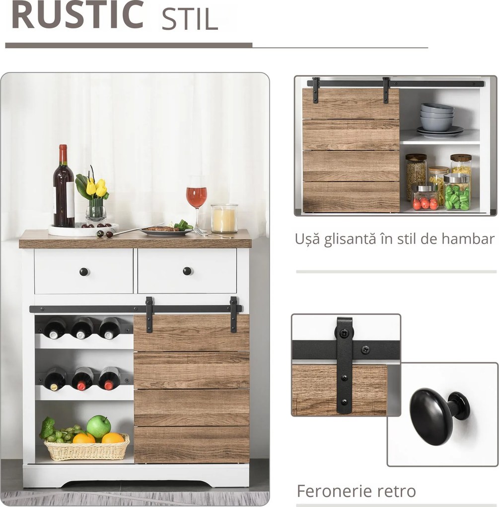 HOMCOM Dulap Rustic de Bucătărie cu 2 Sertare, Rafturi Deschise și Suport pentru Sticle, Bufet din Lemn și Metal, 80x39x86 cm, Alb