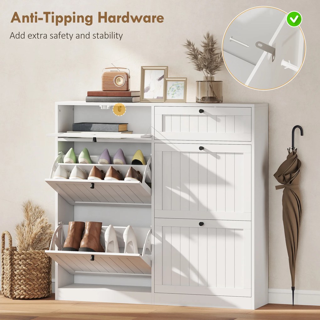 HOMCOM Dulap pentru pantofi 20 perechi, dulap îngust cu 4 sertare rabatabile, 2 compartimente, alb | Aosom Romania