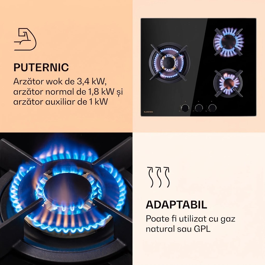 Klarstein Goldflame 3, plită pe gaz, 3 arzătoare, arzătoare Messing, sticlă ceramică
