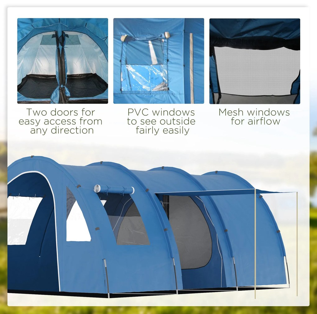 Outsunny Cort Tunel pentru 5-6 Persoane, Cort de Camping cu Doua Camere, cu Podea Cusuta, 2 Usi si Geanta de Transport | Aosom Romania