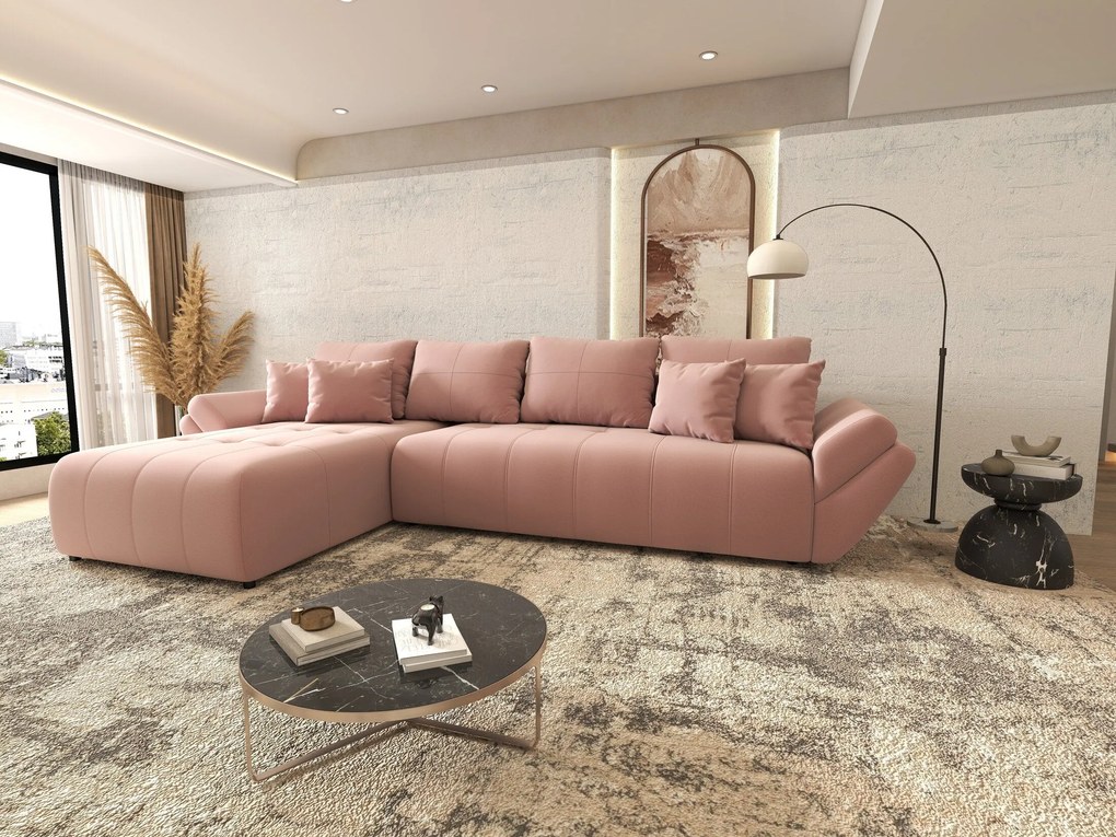 Colțar extensibil dumonde cu ladă de depozitare si sezut confortabil din spuma high-density, Berlin XL Royal Roz 350x185 cm