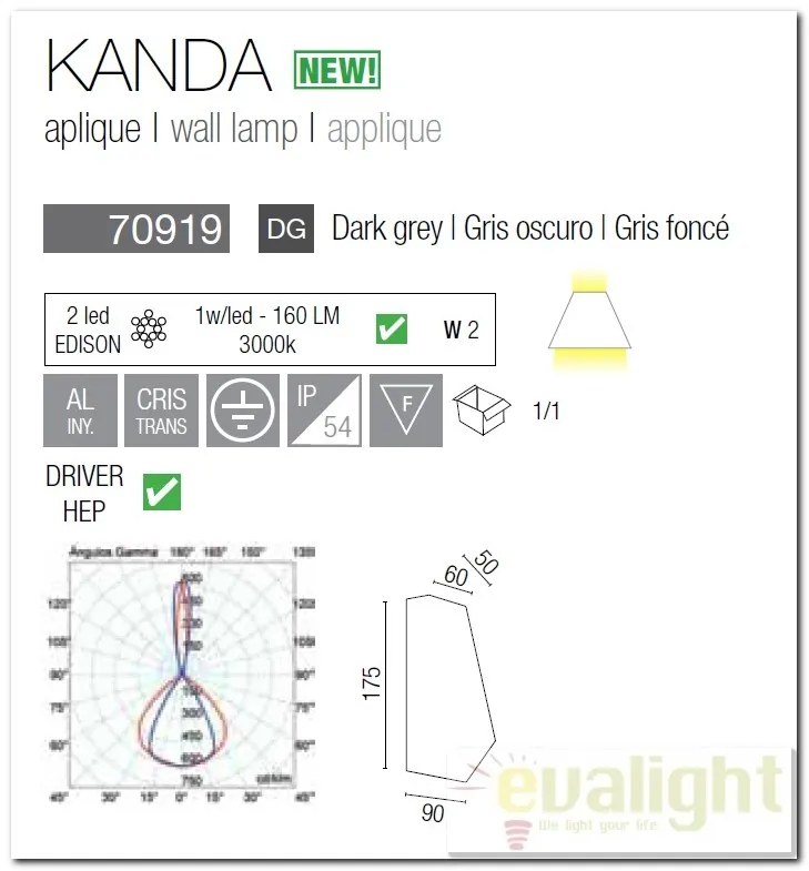 Aplica de perete exterior cu protectie IP54, Kanda 70919