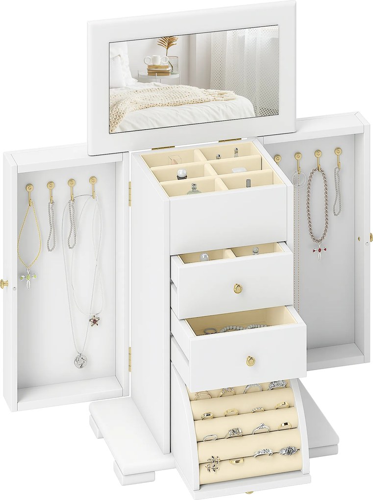 HOMCOM Cutie de bijuterii pentru femei cu 4 nivele, cutie din lemn cu aripi, oglindă și 2 sertare, 26,5x16 x33,5 cm, Alb | Aosom Romania