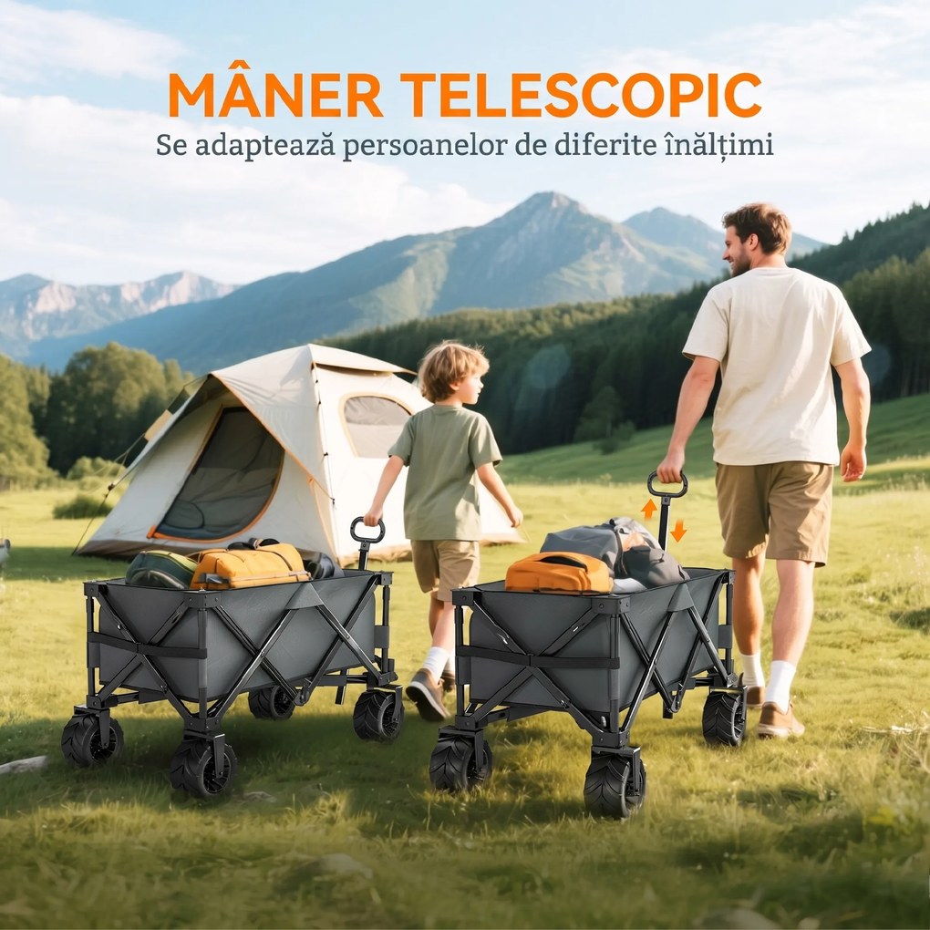 Outsunny Cărucior de Grădină cu Mâner Telescopic, Cărucior Metalic cu Spațiul de Depozitare din Material Oxford, 108x55 cm, Gri