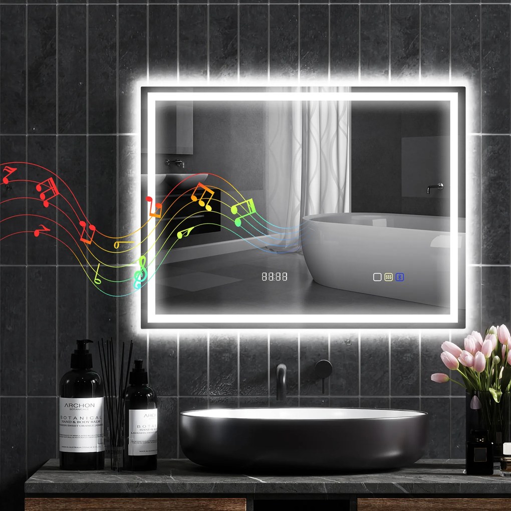 HOMCOM Oglindă Baie Anti-aburire Con Lumină Led E Difuzor Bluetooth 80x60 cm | Aosom Romania