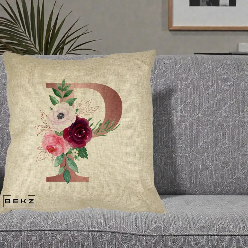 Cadou Personalizat - Perna Personalizata Monograma Rose Gold Litera P, 40x40 cm, Crem, Husa Detasabila, Perna Inclusa, BEKZ®