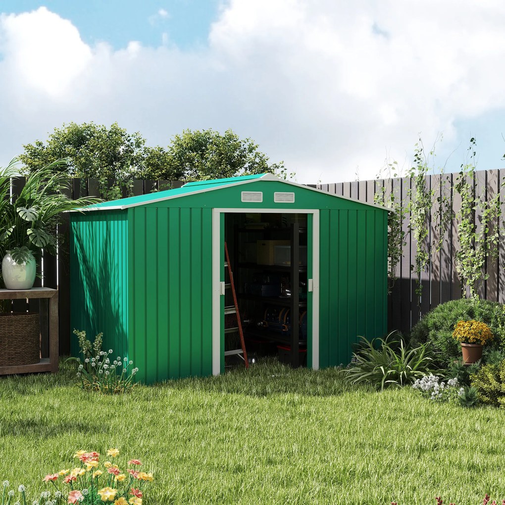 Casuta Pentru Unelte de Gradina Outsunny, Lamiera si Fier Verde 277x191x192cm | Aosom Romania