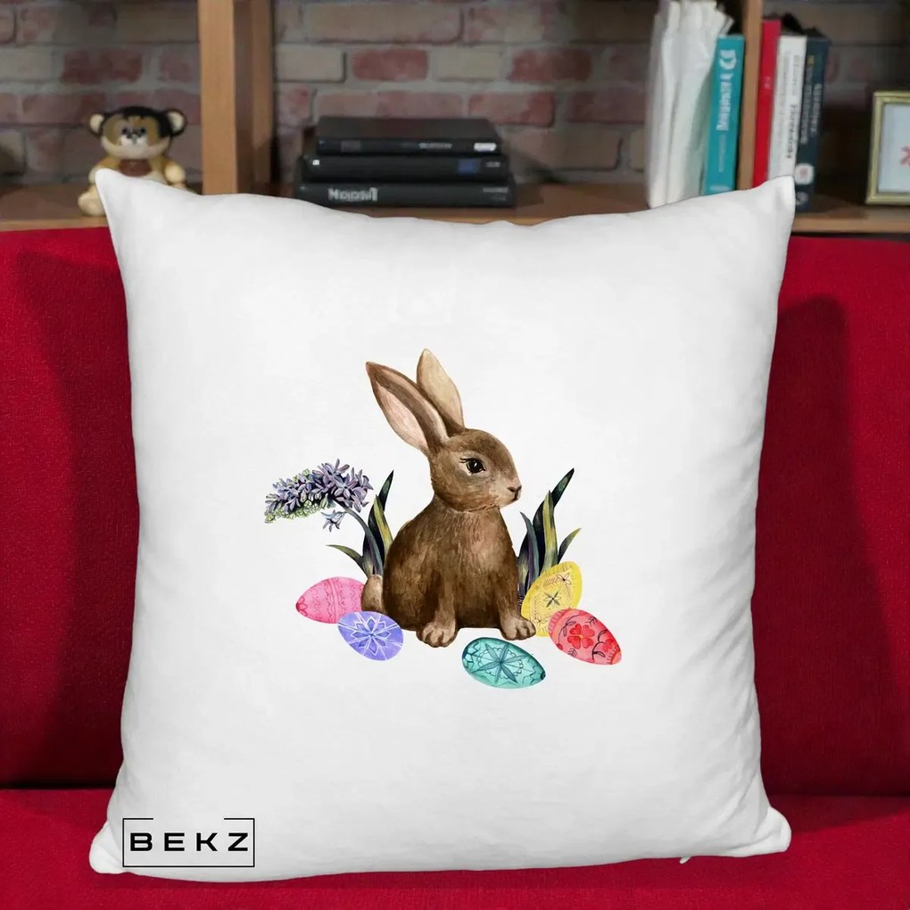 Perna Decorativa Iepuras cu Oua de Pasti Acuarela, 40x40 cm, Alb Pufos, Husa Detasabila, Perna Inclusa, BEKZ®