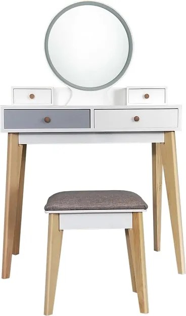 Set Adela cu leduri, Masă de toaletă pentru machiaj cu oglindă iluminată LED, scaun, 5 sertare, Alb